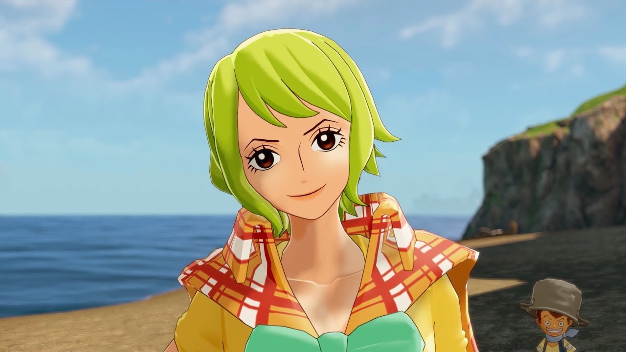 A girl with green hair is standing next to a beach in the World Seeker game.