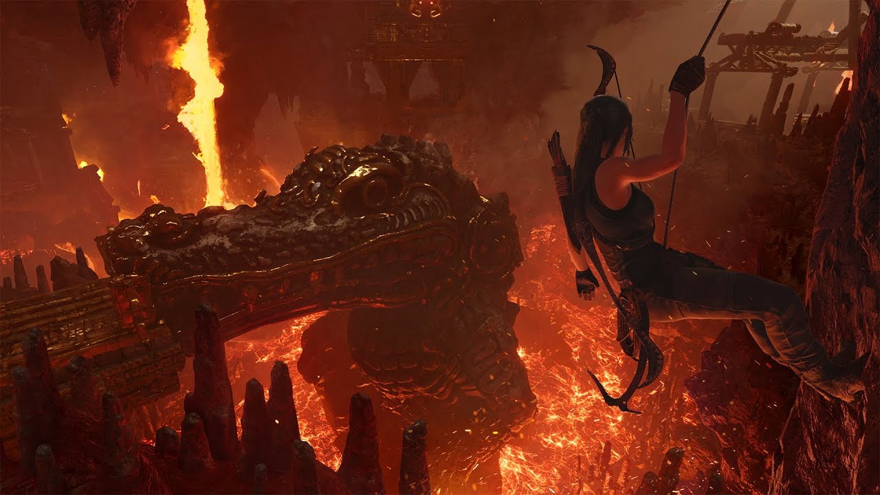 In the DLC for Shadow of the Tomb Raider titled "The Grand Caiman," a fearless woman fearlessly scales a treacherous cliff as a majestic dragon looms in the background.