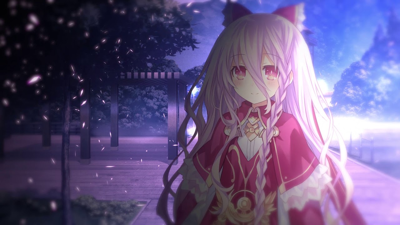 An anime girl from the series "Date A Live" with long hair standing in a park during the month of June.