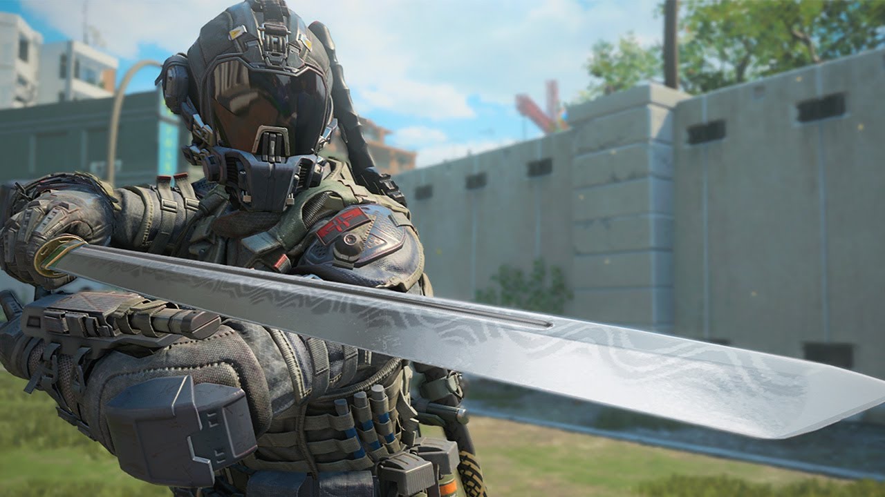 A soldier wielding a sword stands confidently in front of a building, ready for battle as if right out of Call of Duty.