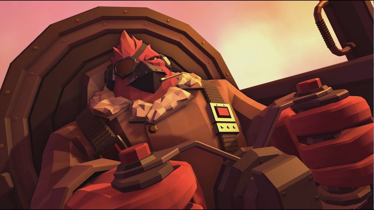 A Steambirds Alliance cartoon image of a red bird in a cockpit, now available in Open Beta.