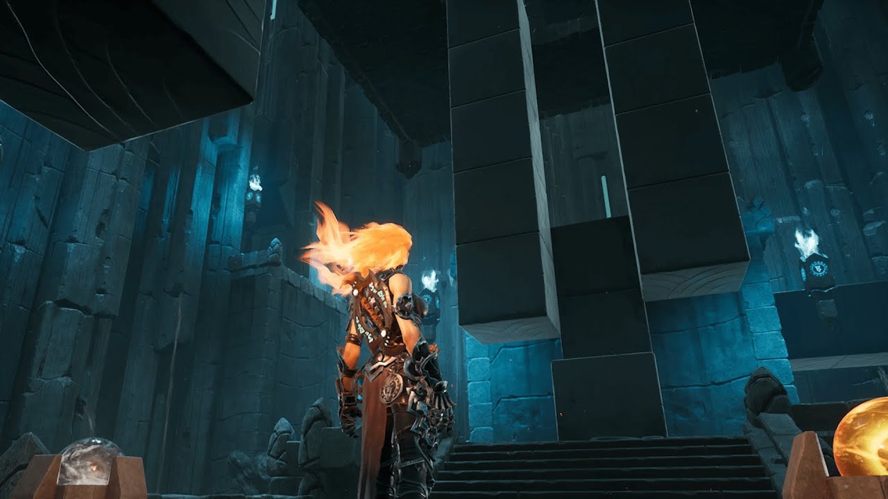 In the DLC expansion "Keepers of the Void" for the game Darksiders III, a man is standing in front of a fire.