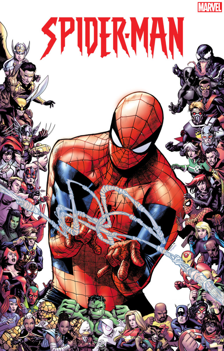 The Marvel First Wave variant cover of Spider-Man with a group of people around him.