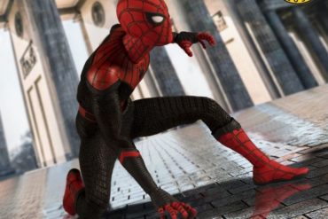 A Spidey figure from the Far From Home movie is crouching in front of a building.