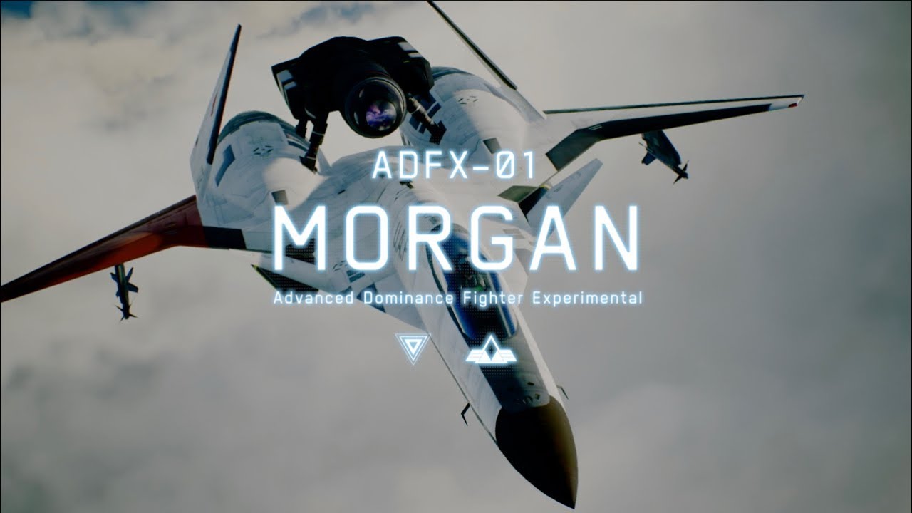 A jet from the Ace Combat 7 DLC Package with the words apk - 11 morgan.