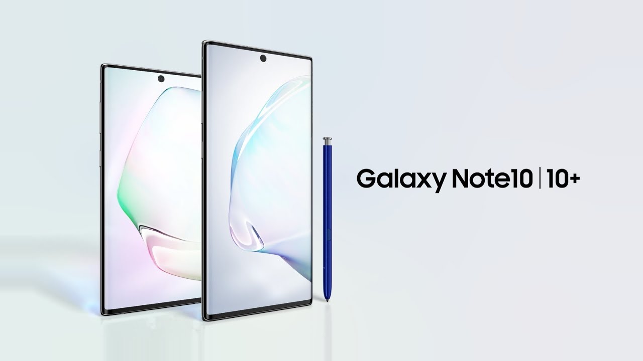 The Samsung Galaxy Note 10 and pen are presented together.