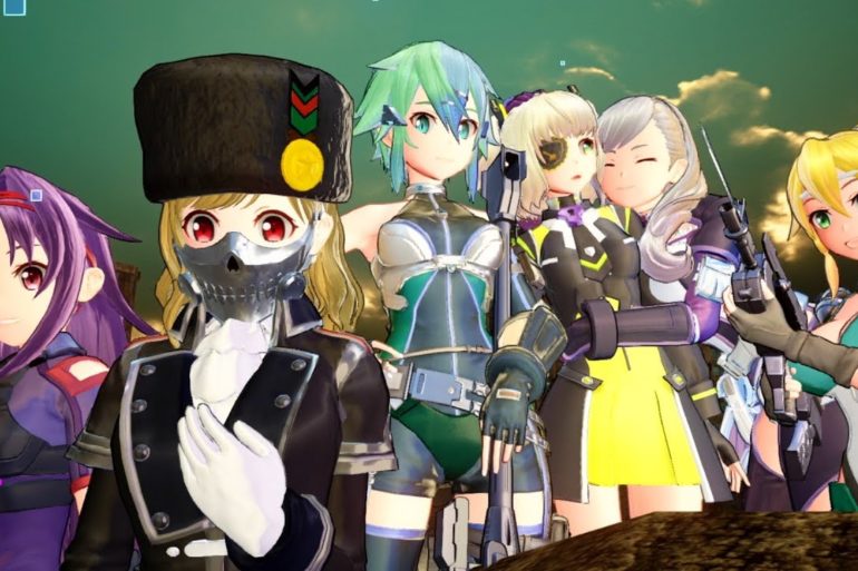 A group of Sword Art Online anime characters standing next to each other in the Fatal Bullet Complete Edition.