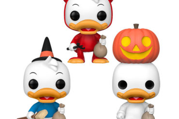 Three Dewey Funko Pop vinyl figures in Halloween costumes.