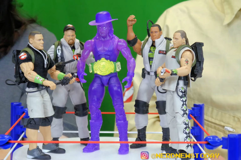 A collection of Ghostbusters X WWE action figures engaged in an exhilarating wrestling match, reviewed by NN2D Reviews.