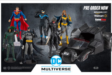 First Wave DC multiverse action figure set with Batman, Superman, and Batgirl by McFarlane Toys.