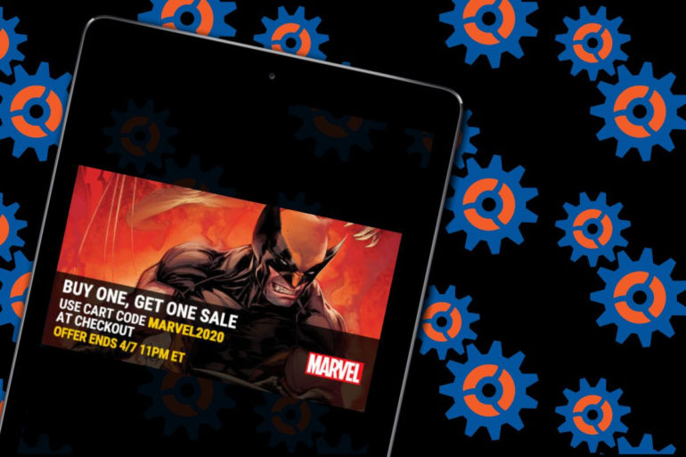 Wolverine browsing digital comics on a tablet with gears and gears.