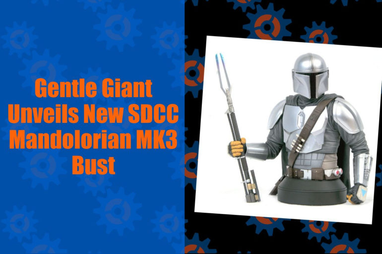 The SDCC Gentle Giant MK3 Bust showcases a towering statue of the Mandalorian.