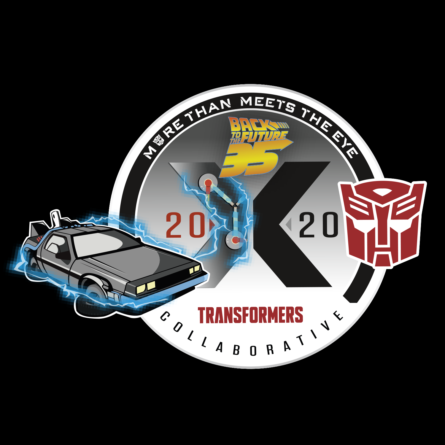 A Back to the Future logo featuring a Delorean car and Gigawatt.
