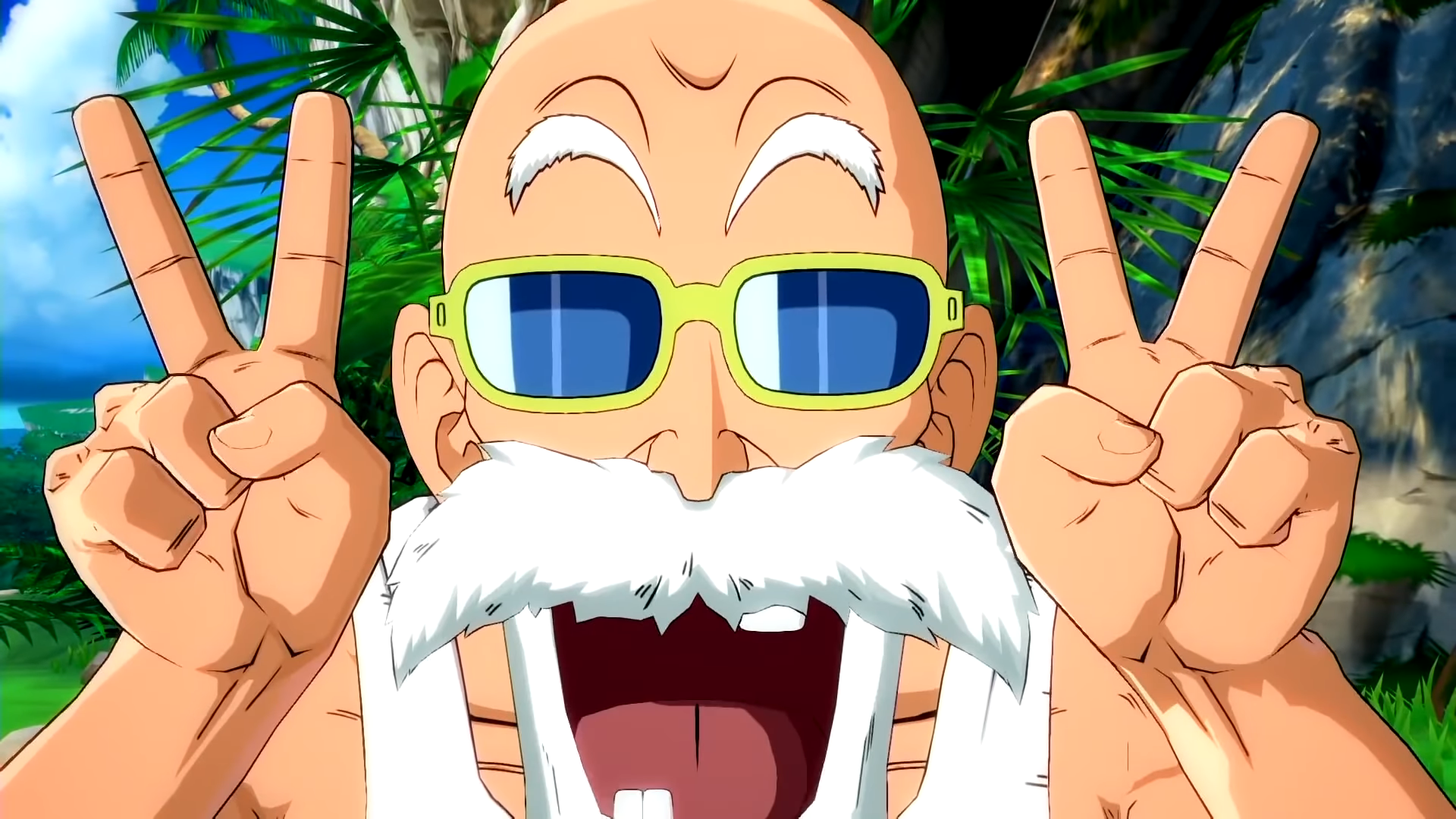Master Roshi, from Dragon Ball FighterZ, making a peace sign and sporting sunglasses.