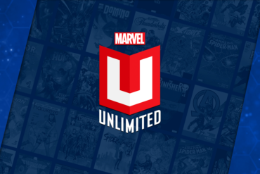 Marvel Unlimited logo on a blue background, offering more books and less waiting.