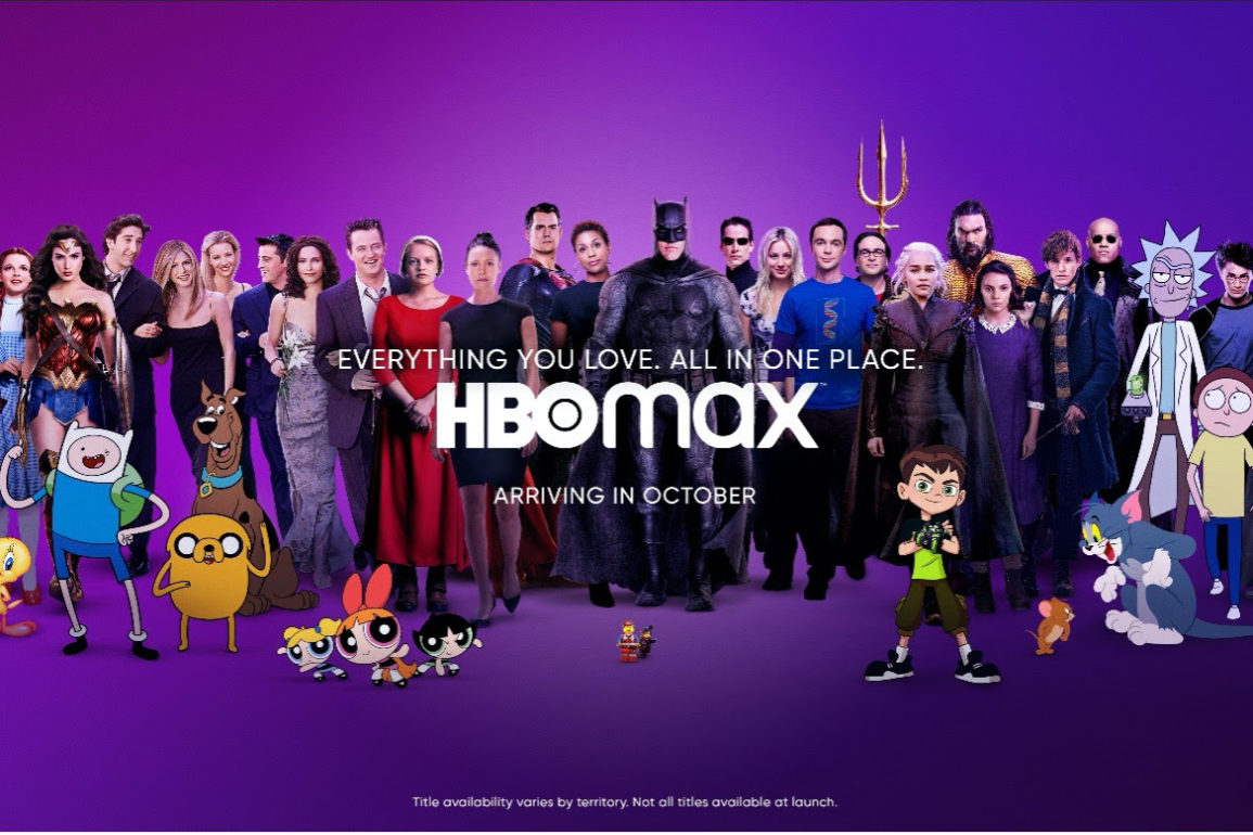 HBO Max logo with a group of people in front of a purple background during its initial European rollout.