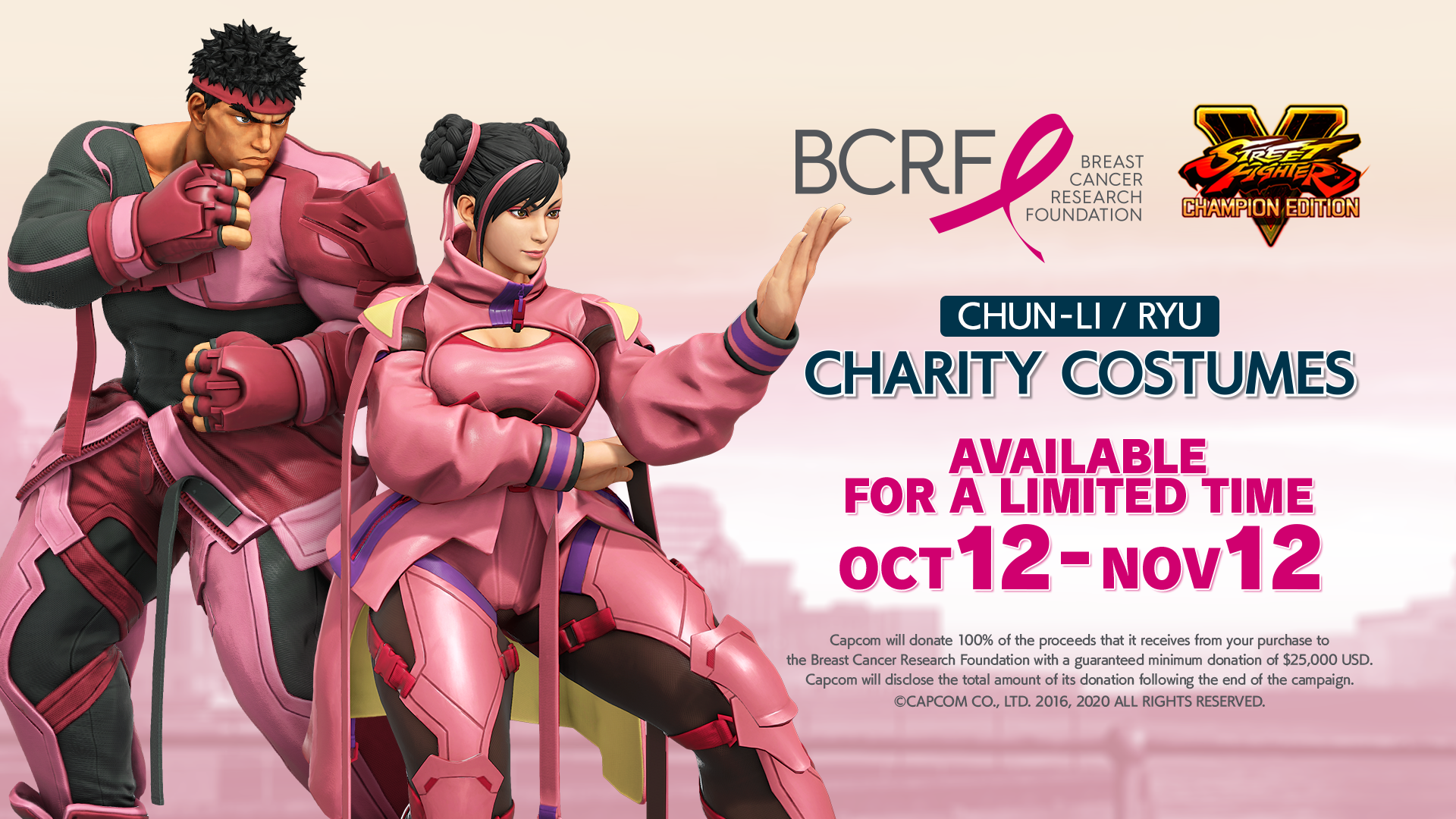 Capcom's Street Fighter V offers limited-time charity costumes to support Breast Cancer Awareness.