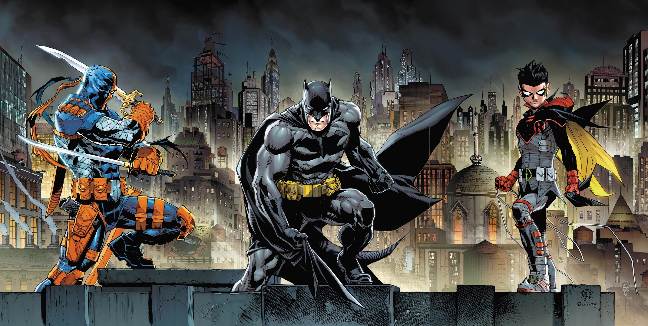 DC Comics' Batman wages war alongside the Ninja Turtles against Deathstroke.