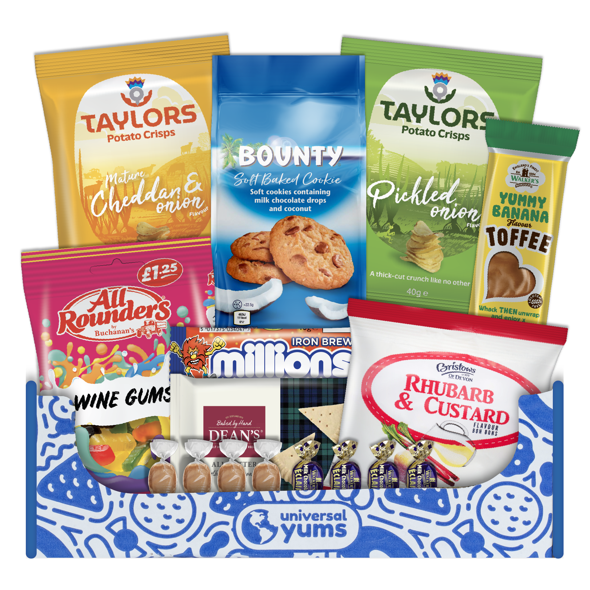 Discover the perfect addition to your Holiday Food Gift Guide with our assorted UK snack box, featuring crisps, cookies, chocolates, toffee, and wine gums. Each treat is labeled with brand names and flavors for an authentic taste experience that will surely delight.