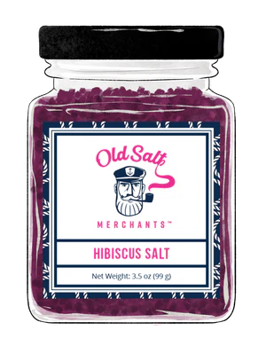 Jar of Old Salt Merchants Hibiscus Salt, net weight 3.5 oz (99 g), with a navy and white label featuring a sailor's face—perfect for inclusion in your Holiday Food Gift Guide.