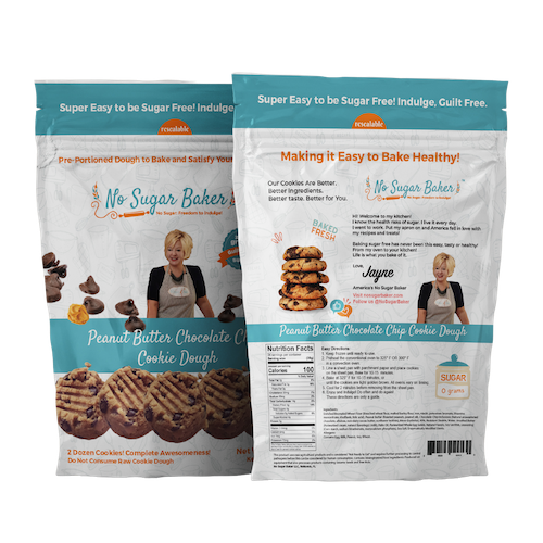 Discover the perfect addition to your Holiday Food Gift Guide with two packages of No Sugar Baker's Peanut Butter Chocolate Chip Cookie Dough. Featuring nutritional information and a person on the front, this delightful treat is a highlight in NN2D and RAGE Works selections.