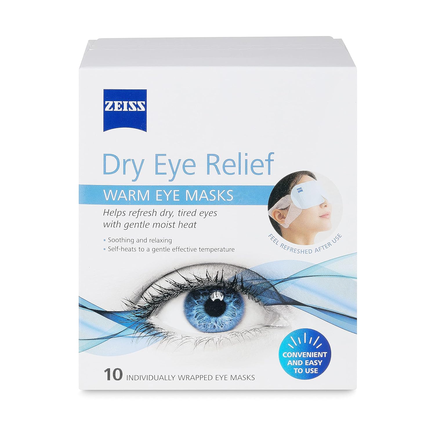 Discover the perfect addition to your Holiday Gift Guide with a box of Zeiss Dry Eye Relief Warm Eye Masks. Featuring an eye-catching illustration, these masks offer refreshing relief with moist heat. Each pack contains 10 individually wrapped masks, ideal for soothing comfort on-the-go.