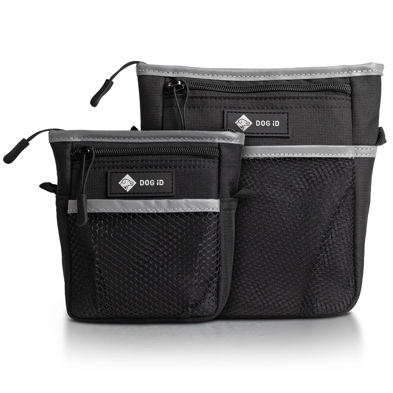 Two black pouches with zippers and mesh pockets, labeled "Dog ID" with gray trim, are perfect for organizing on-the-go essentials. Available in different sizes, they were featured in the RAGE Works Holiday Gift Guide for their practicality and sleek design.