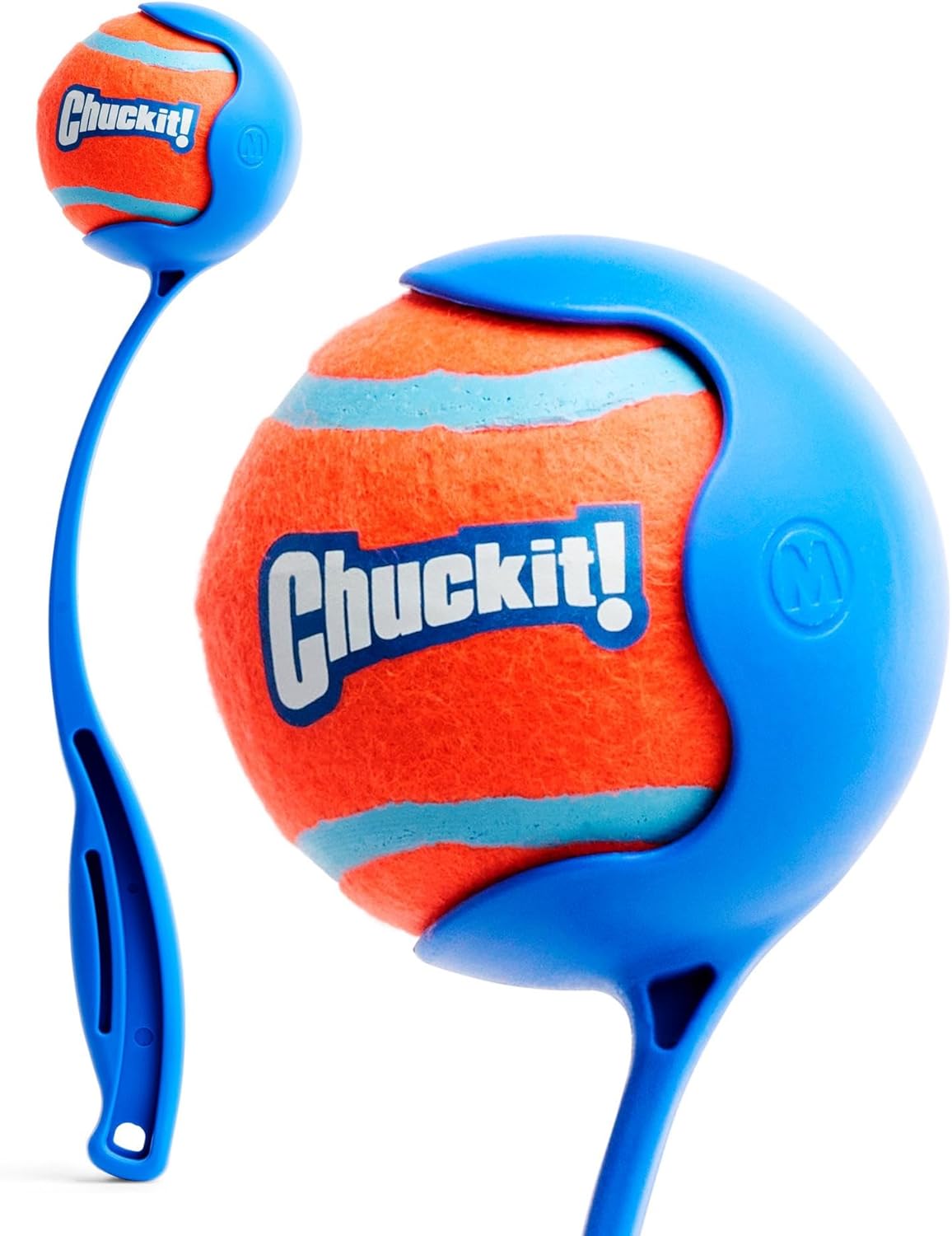 A blue plastic Chuckit! ball launcher holds an orange and blue tennis ball, perfect for active pets. Featured in the Holiday Gift Guide, it's a top pick for any pet lover.