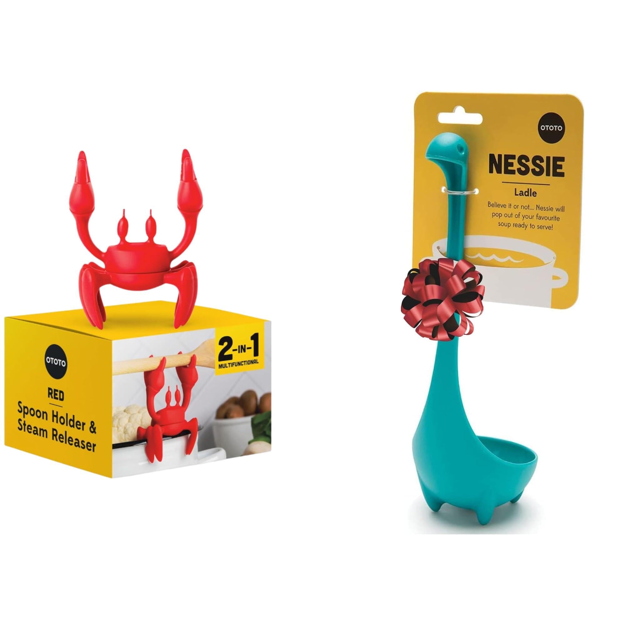 On a yellow box, a red crab-shaped steam releaser and spoon holder sits next to a teal ladle shaped like a creature with a gift bow, featured in RAGE Works' Holiday Gift Guide.