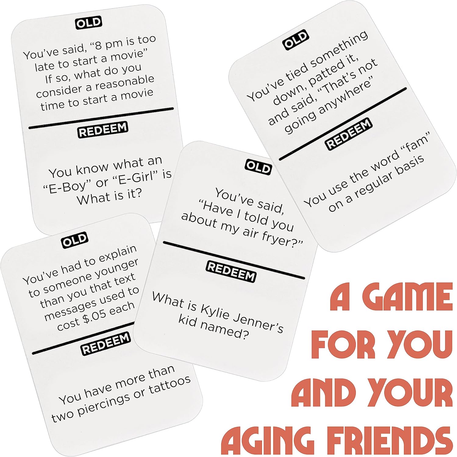 Cards from a humorous game making jokes about aging, featured in the Holiday Gift Guide, with statements like "You've said, '8 pm is too late to start a movie’" and "You use the word ‘fam’ regularly.