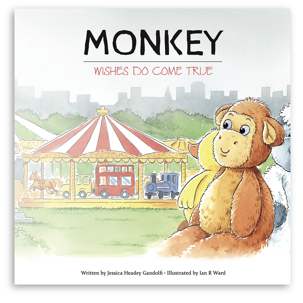 Children's book cover showcasing a monkey plush toy in front of a carousel, perfect for any Holiday Gift Guide. Title reads "Monkey: Wishes Do Come True." Written by Jessica Heady Gandolfi and illustrated by Ian R Ward.