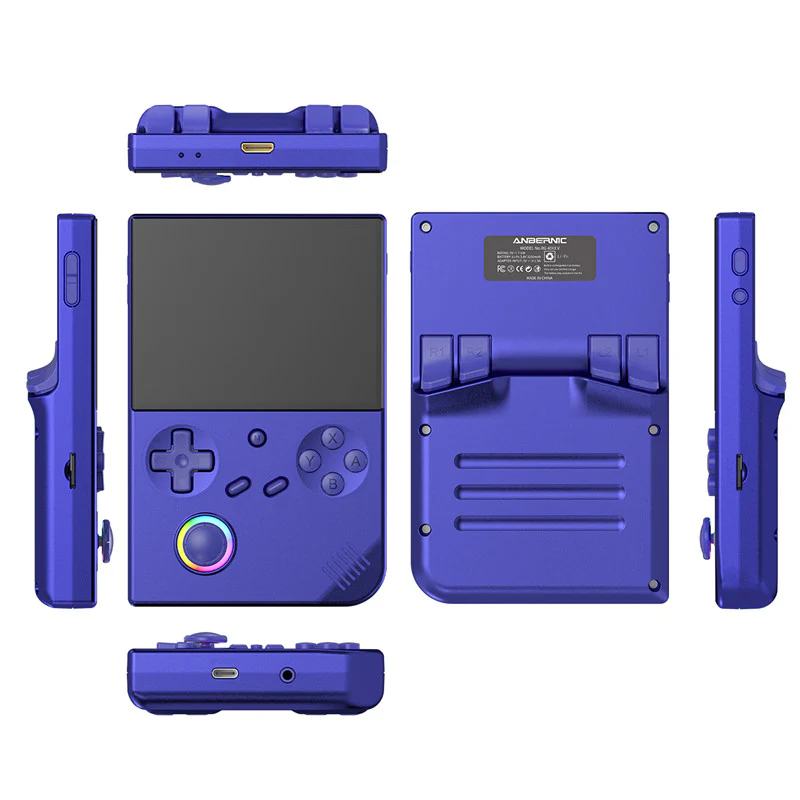The NN2D 2024, a purple handheld gaming console, is perfect for any Holiday Tech Gift Guide. It showcases from various angles its sleek design featuring a responsive directional pad, intuitive buttons, and a vibrant large screen.