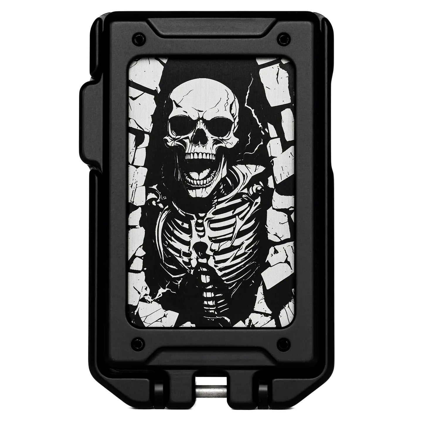 Black and white illustration of a skeleton emerging through a cracked surface, displayed on a rectangular black case from the RAGE Works collection. Perfect for featuring in this season's Holiday Tech Gift Guide.