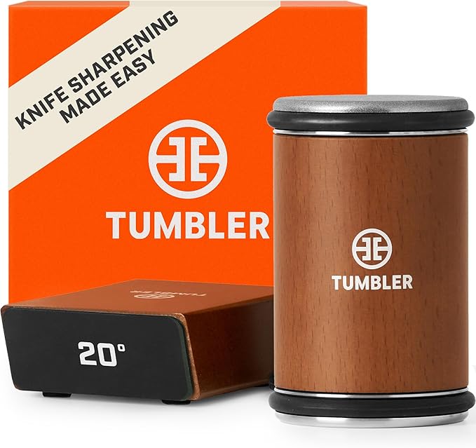 The wooden knife sharpener, complete with a 20-degree angle guide, sits alongside an orange box labeled "Knife sharpening made easy." A perfect addition to the Holiday Tech Gift Guide 2024, this tool is featured by RAGE Works for its blend of tradition and precision.