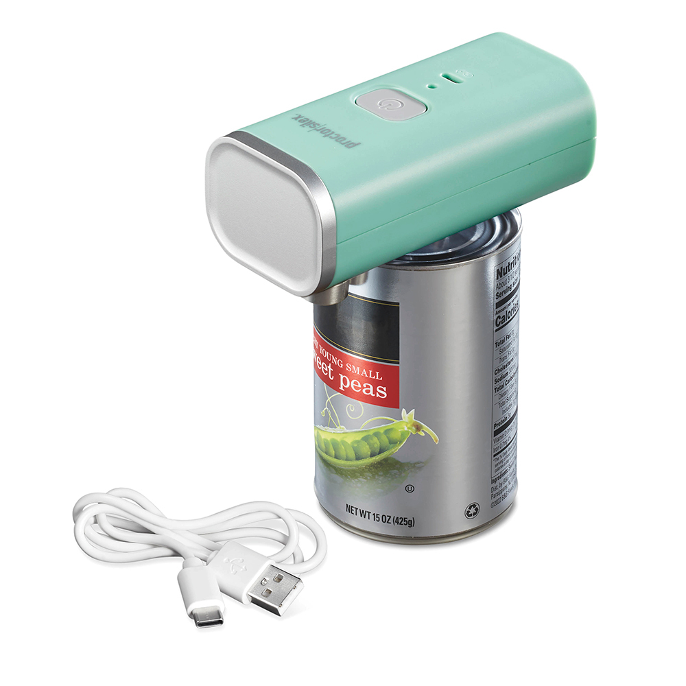 A green electric can opener sits atop a can of sweet peas, with a USB charging cable beside it, featured in the Holiday Tech Gift Guide by RAGE Works.