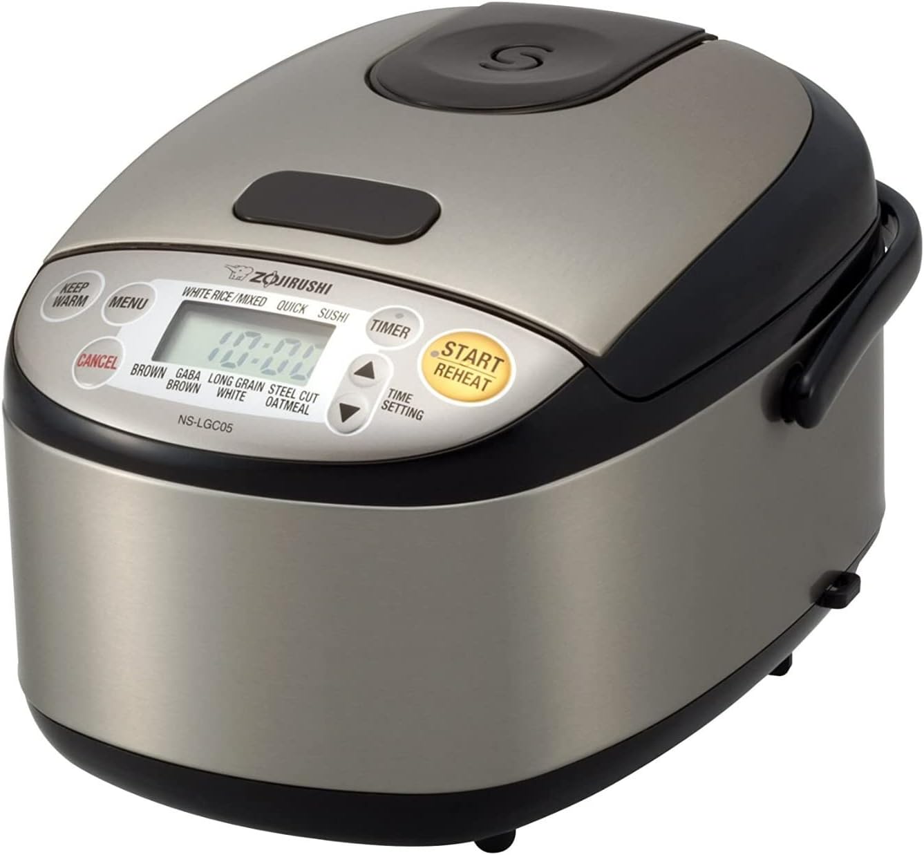 A sleek silver and black rice cooker, featured in the Holiday Tech Gift Guide, boasts a digital display and intuitive control buttons for Start, Cancel, and Menu. Perfect for any kitchen upgrade this season.