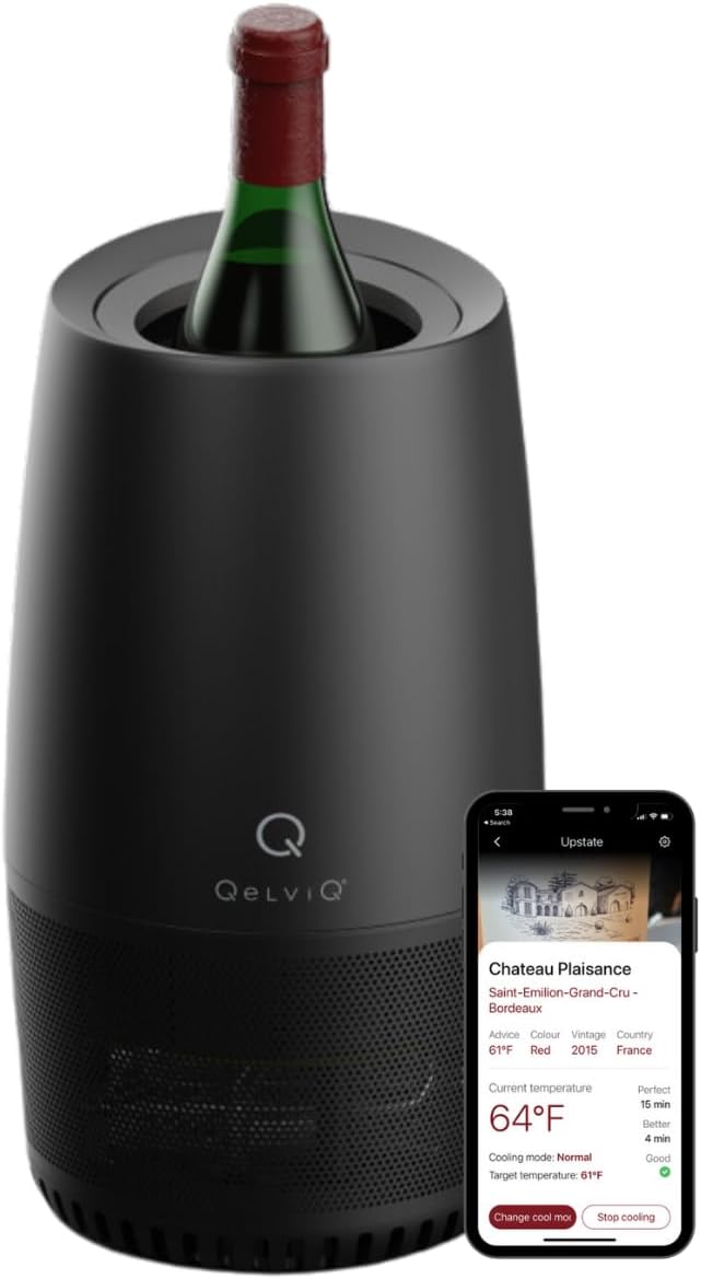 A wine bottle rests in a QelviQ cooler, perfect for the Holiday Tech Gift Guide. A smartphone screen displays its app, showcasing wine details and temperature settings—a must-have for wine enthusiasts seeking precision and style.