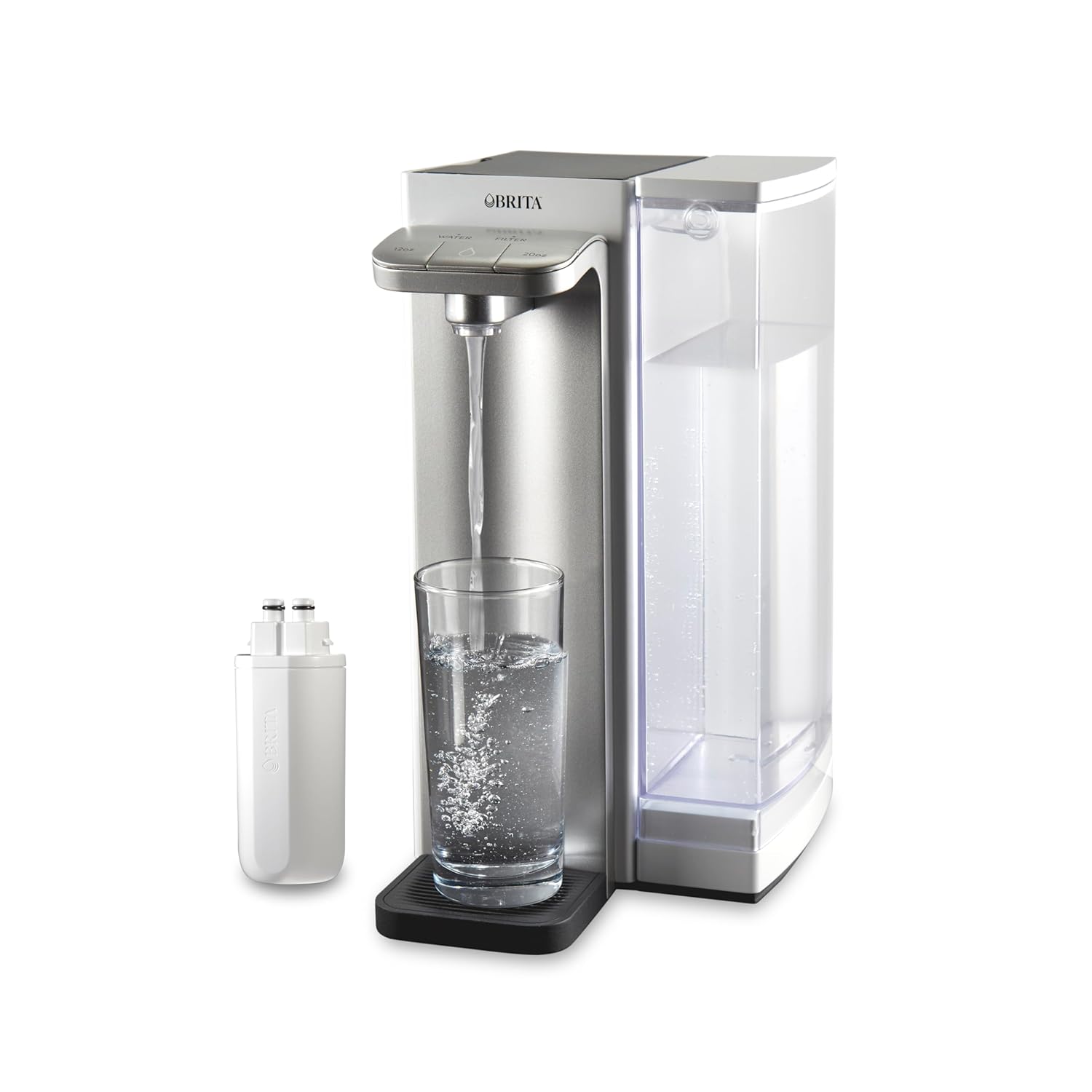 A silver and white water filter dispenser, featured in the RAGE Works Holiday Tech Gift Guide, fills a glass with water. A separate NN2D filter cartridge is placed next to it.