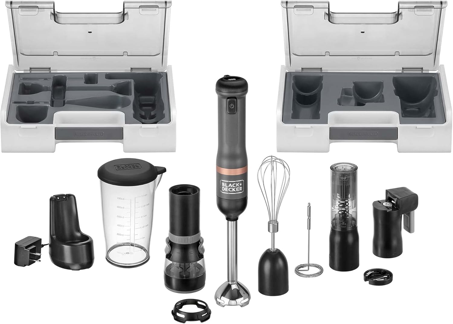 Explore the ultimate Holiday Tech with this Black+Decker kitchen appliance set, featuring a versatile hand blender, various attachments, a measuring cup, and two storage cases. Perfect for any cooking enthusiast in need of practical solutions, it's a top pick in our Gift Guide.