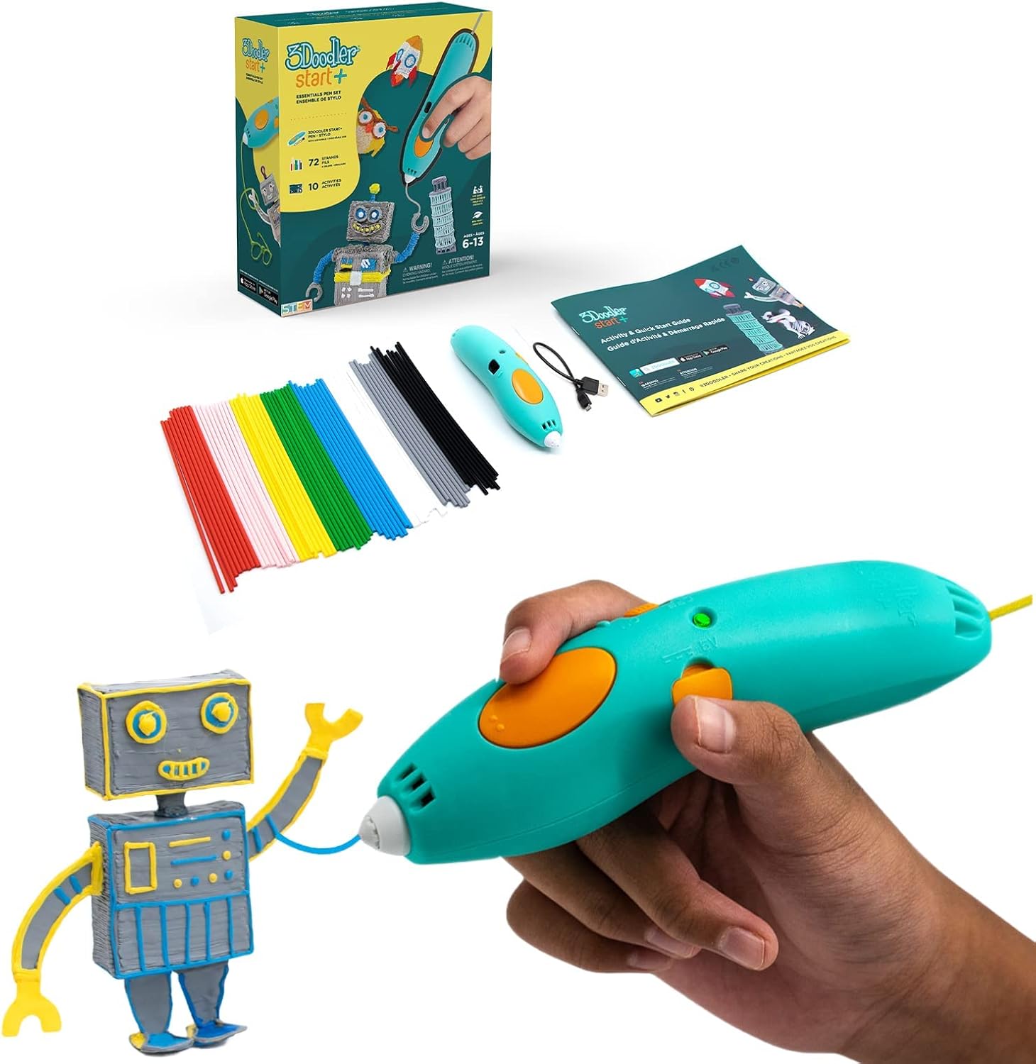 Discover the perfect addition to your Holiday Tech Gift Guide: a 3D pen kit complete with colored filament sticks, an instruction manual, and eye-catching packaging. A hand skillfully guides the pen, bringing a robot model to life beside it—futuristic creativity in action!