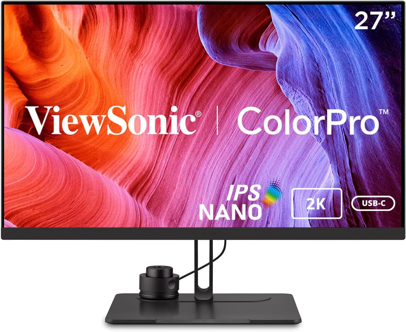 In the holiday tech gift guide by RAGE Works, the ViewSonic ColorPro 27-inch monitor showcases vibrant abstract swirls, highlighting its IPS Nano, 2K, and USB-C features. A calibration tool is conveniently attached to the stand, perfect for ensuring precision in your creative projects.