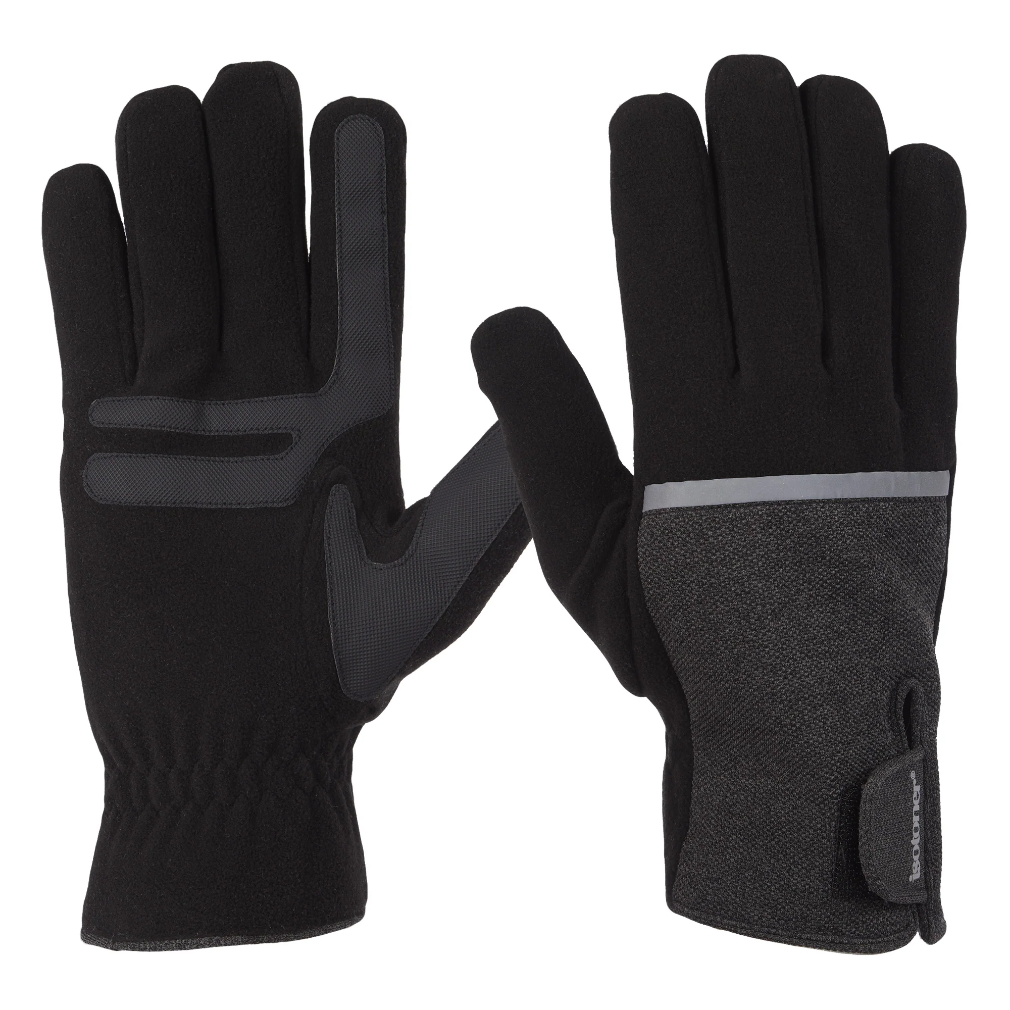 A pair of black gloves with gray accents and a Velcro closure, featuring textured grips on the palms and index fingers, make a perfect addition to any Holiday Gift Guide curated by RAGE Works. Ideal for anyone seeking style and functionality this season.