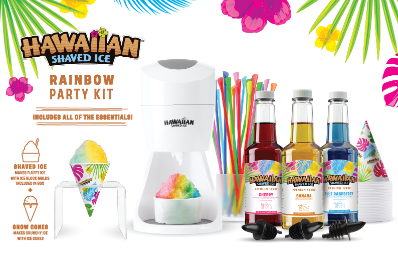 The Hawaiian Shaved Ice Rainbow Party Kit makes a festive addition to any Holiday Gift Guide with its machine, syrup bottles, colorful straws, and snow cone cups amidst a tropical-themed design. Whether for family gatherings or tropical parties, it's a standout choice featured by RAGE Works.